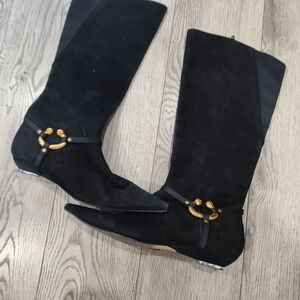 J. Vincent vintage Chic Black Over the Knee Boots with Gold Detailing